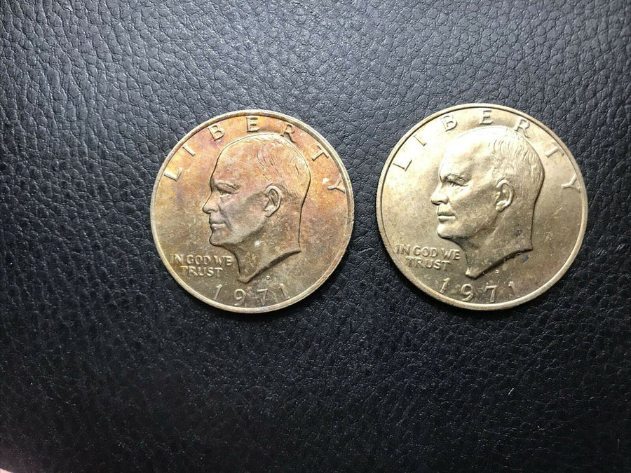 1971-D EISENHOWER TWO(2) $1 DOLLARS BU TONED COINS IN HIGH GRADE #IKE-635GE