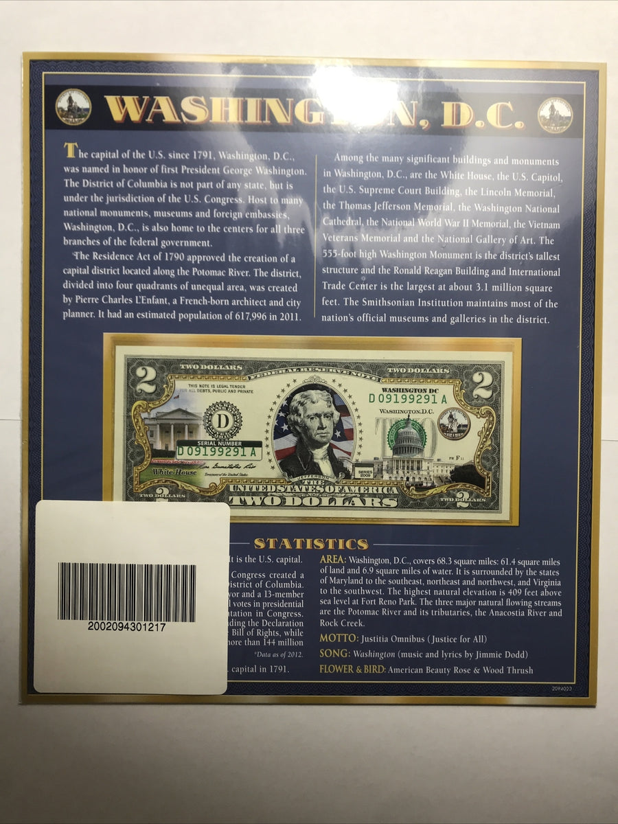 COLORIZED $2 NOTE SET COLORADO and WASHINGTON, D.C. GENUINE LEGAL TENDER #2