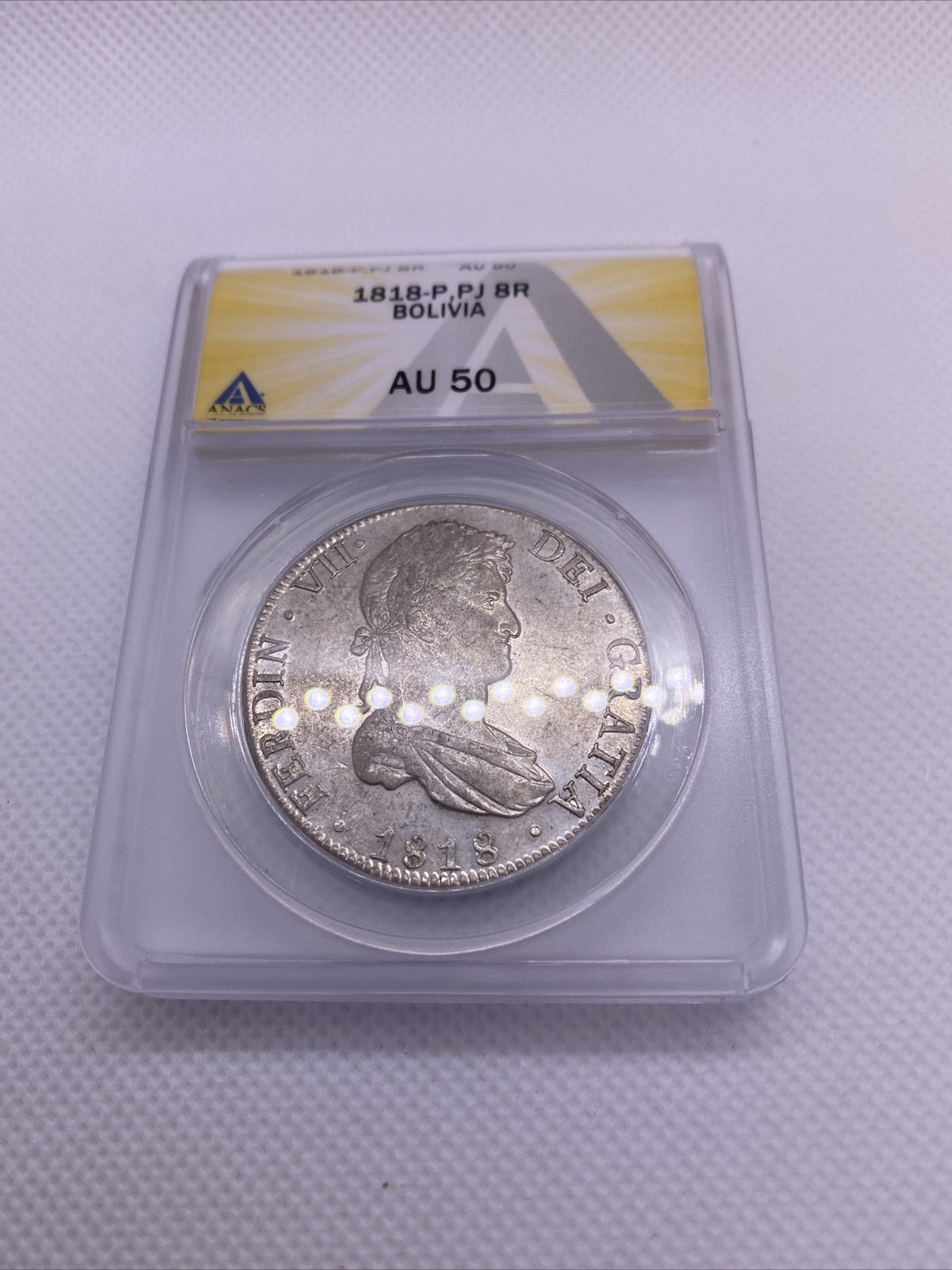 1818 PTS PJ Bolivia Silver 8R 8 Reales AU 50 Anacs Silver Potosi Mint #559