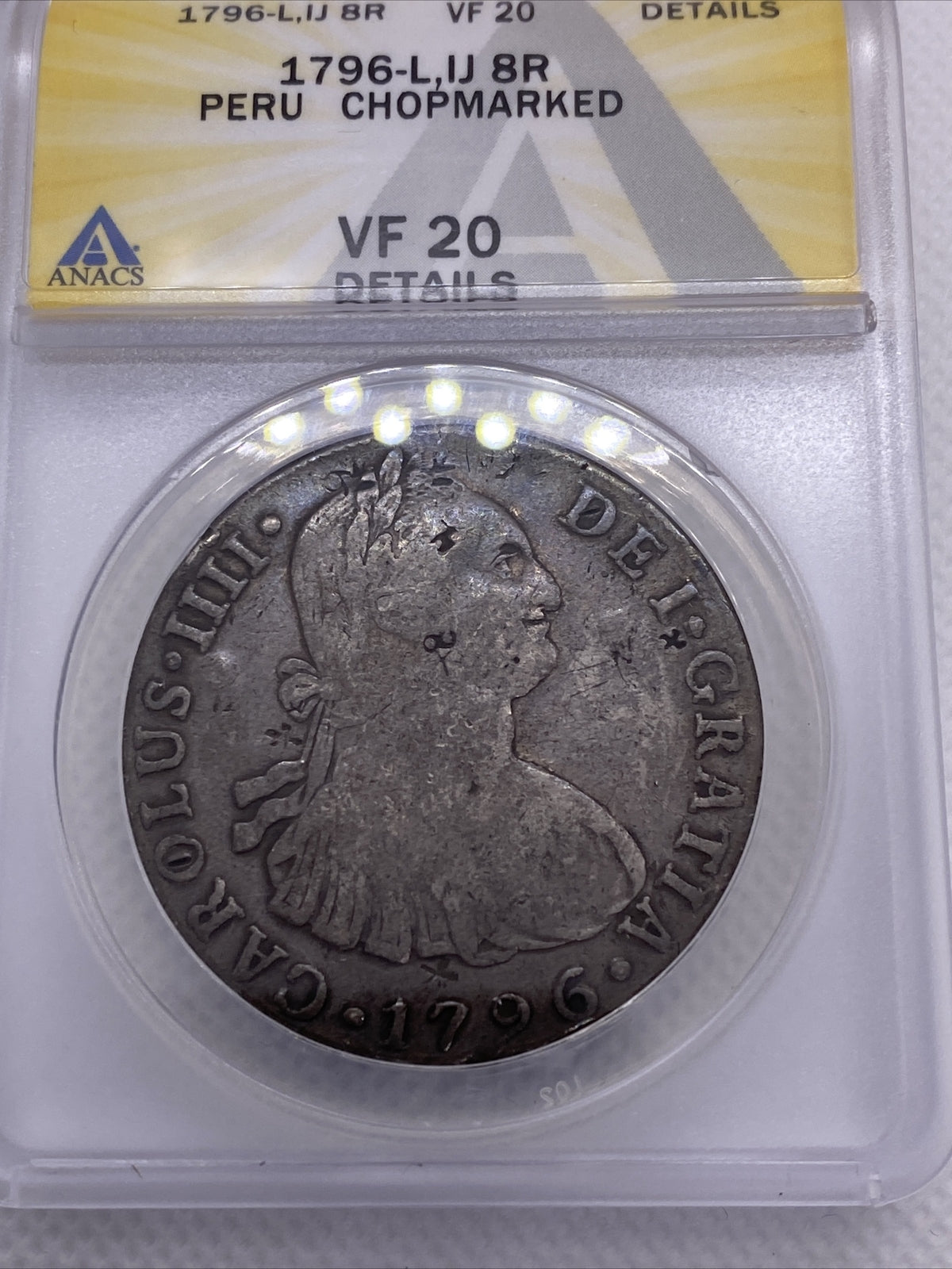 1796 8 REALES Lima Peru IJ Silver Colonial Coin Anacs VF20 Details 8 Reals Peru