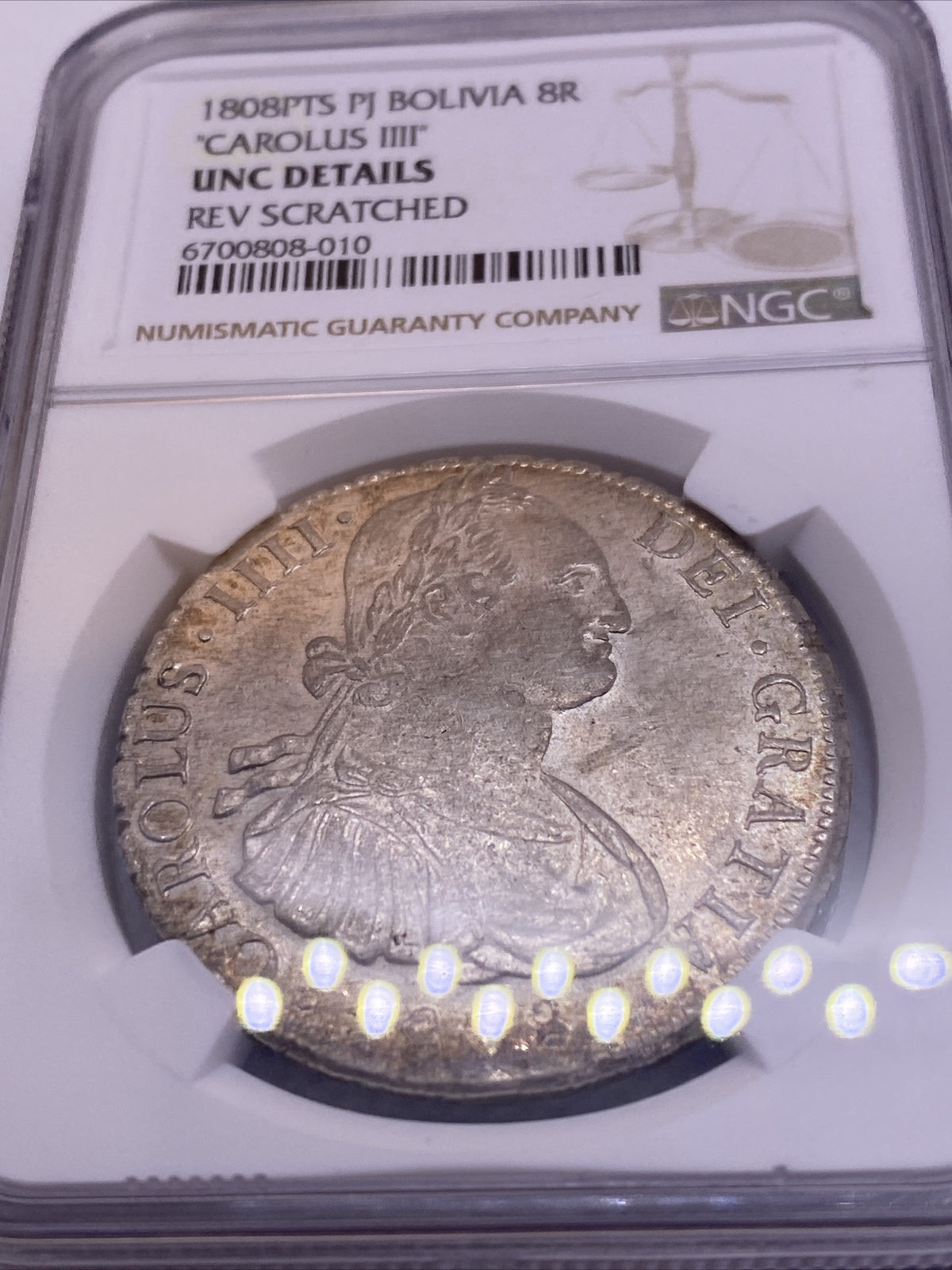 1808 PTS PJ SILVER CHARLES IIII 8 REALES BOLIVIA NGC UNC VERY RARE UNC