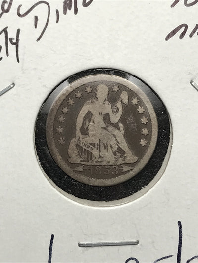 1853 Seated Liberty Dime 10 Cents Silver Coin Arrows X2-35