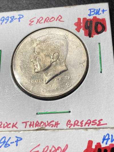 1998 P + 1996 P Kennedy Half Dollars + 1976 Quarter - Struck through Mint Errors