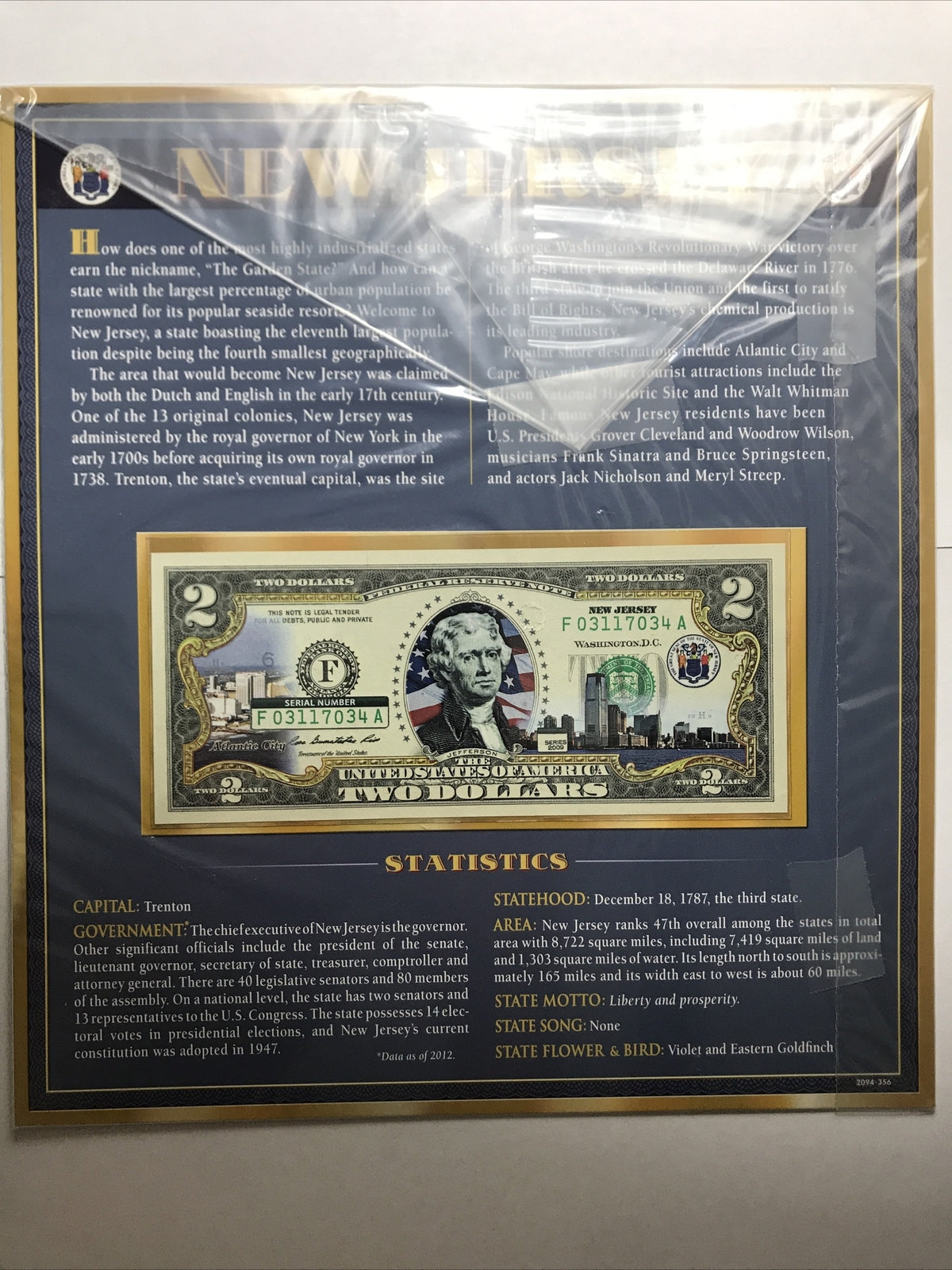 COLORIZED $2 NOTE SET NEW JERSEY and NEW MEXICO GENUINE LEGAL TENDER