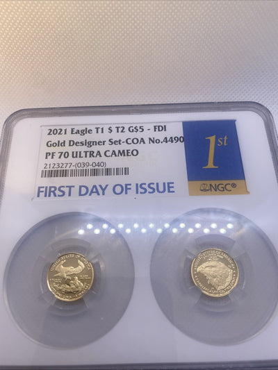 2021-W T1 and T2 Set Designer Ed. Gold Eagle 1/10 oz NGC PF70 FDOI First Day