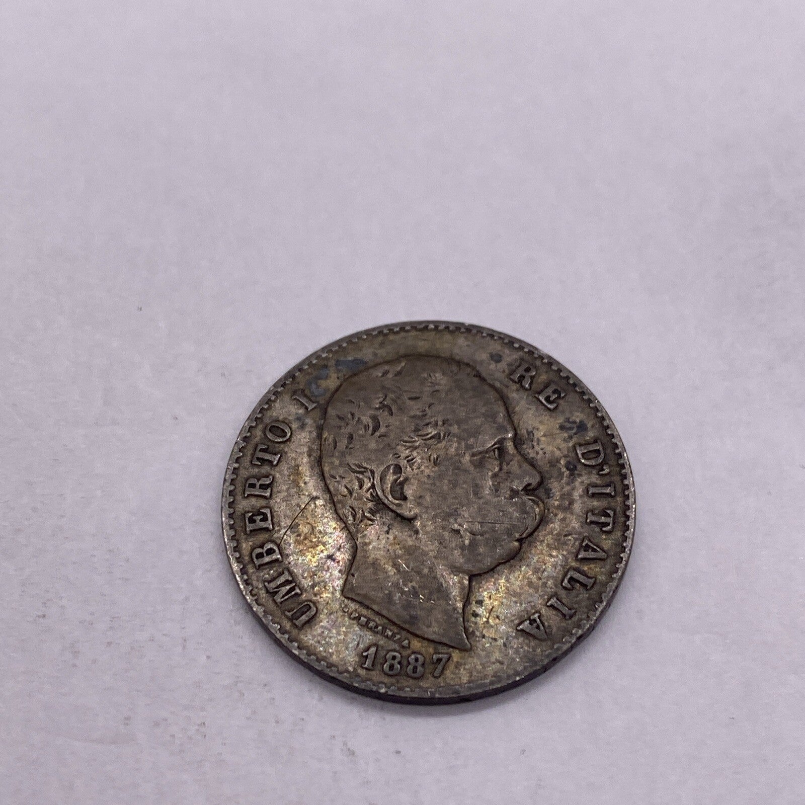 1887  ITALY SILVER ONE 1 LIRA UMBERTO COIN Silver Coin #943-10