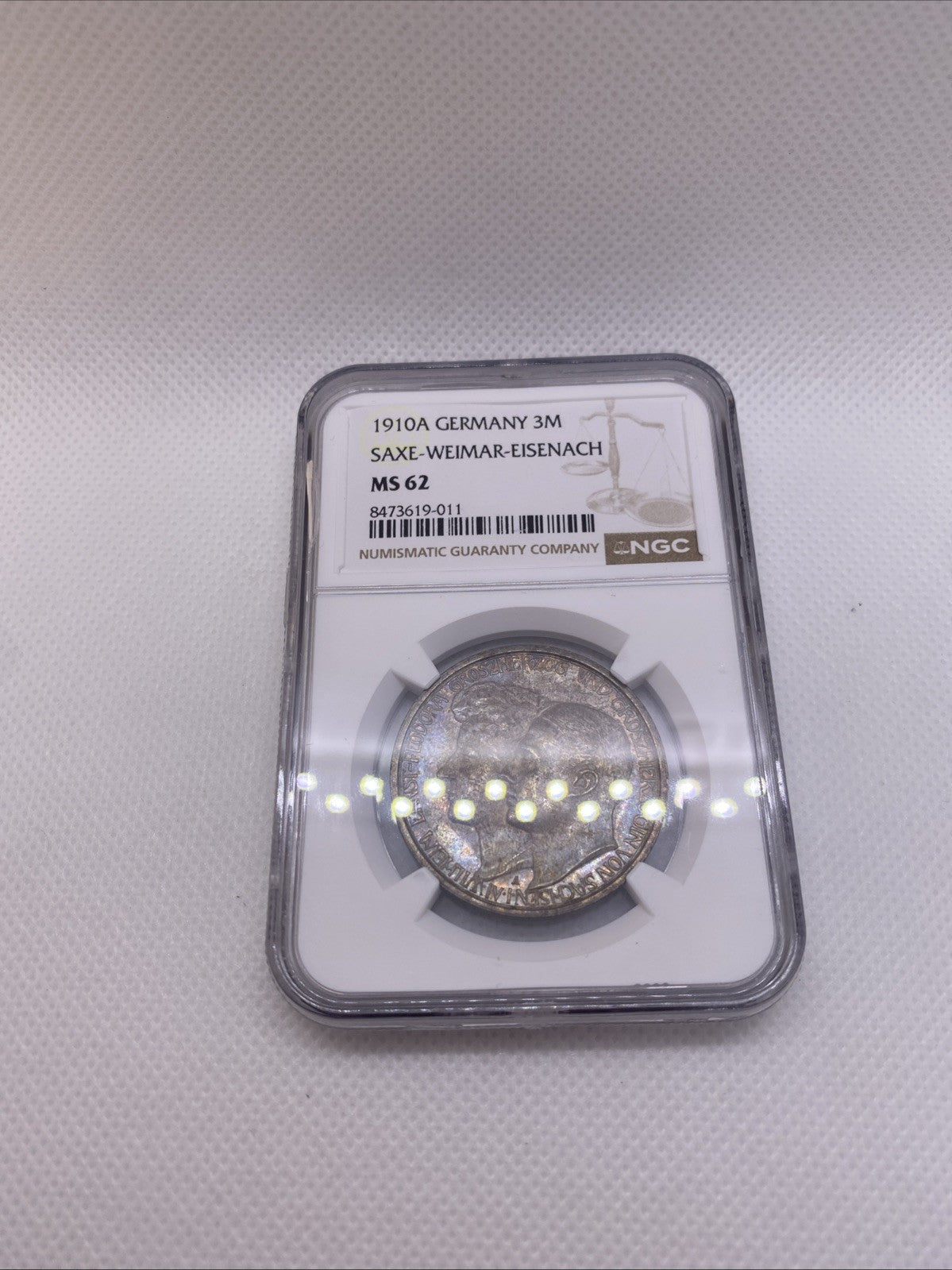 1910A 3M SAXE WEIMAR EISENACH 3 Marks German Wedding NGC MS 62 Silver Toned