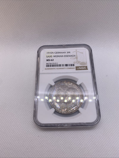 1910A 3M SAXE WEIMAR EISENACH 3 Marks German Wedding NGC MS 62 Silver Toned