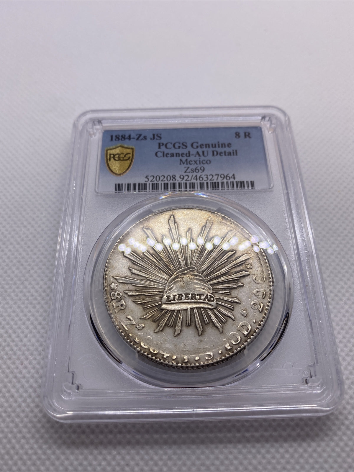 1884 Zs JS 8 Reales Zs69 PCGS AU Details 8R Mexico Silver Coin STRUCK THRU #7964