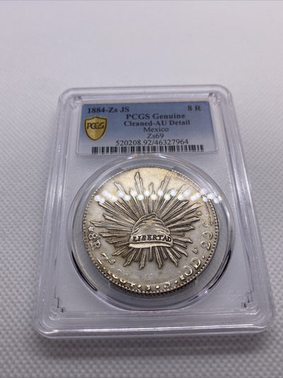 1884 Zs JS 8 Reales Zs69 PCGS AU Details 8R Mexico Silver Coin STRUCK THRU #7964