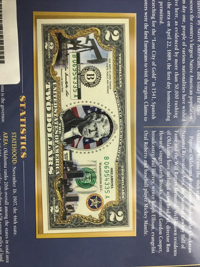 COLORIZED $2 NOTE SET VERMONT and OKLAHOMA GENUINE LEGAL TENDER