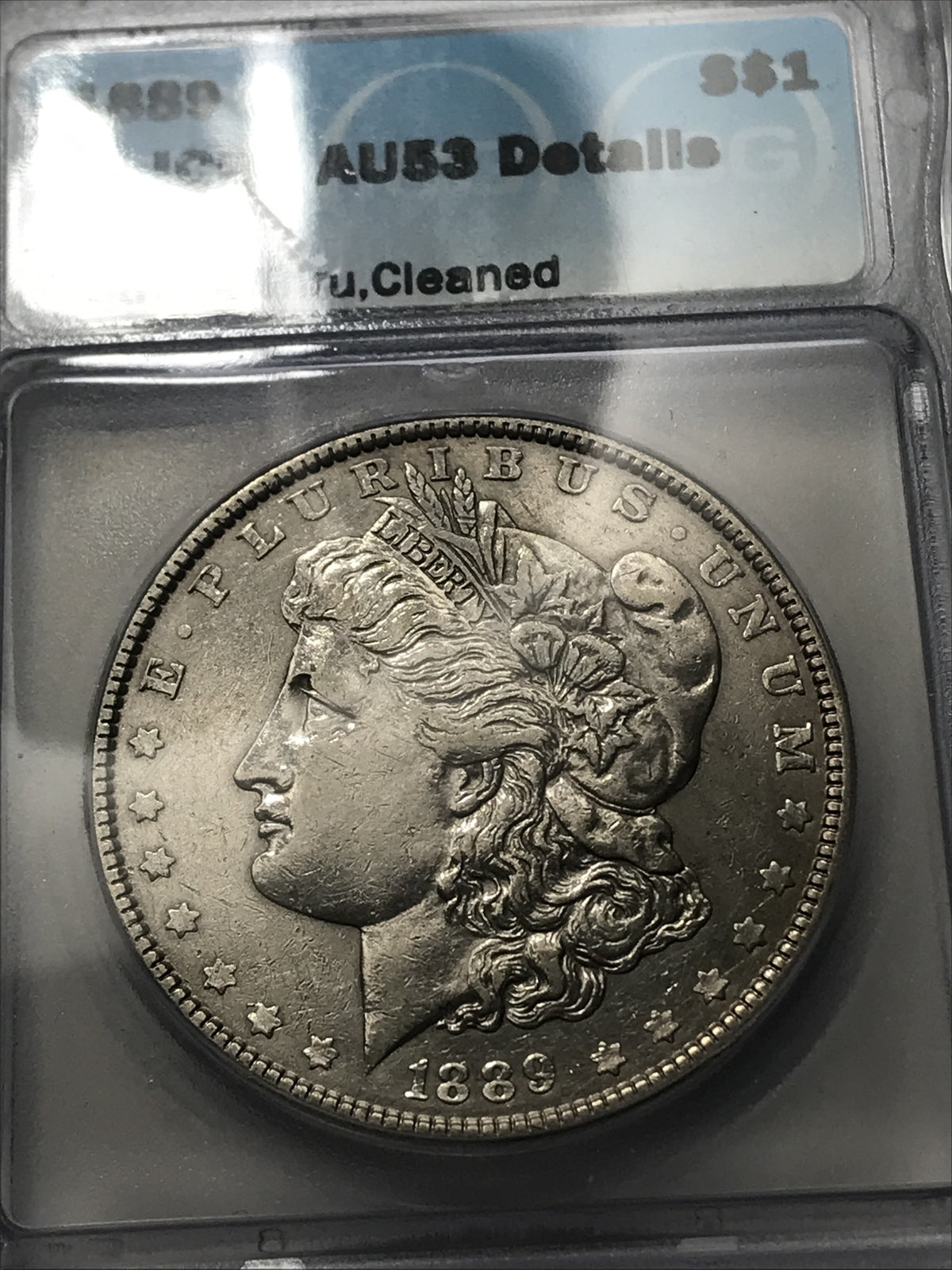 1889 Morgan Dollar ICG AU53 Details STRUCK THROUGH Reverse Error