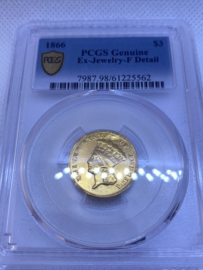 1866 $3 Gold Three Dollars PCGS RARE VERY LOW Mintage