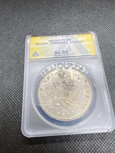 1819 PTS PJ Bolivia Silver 8R 8 Reales AU 55 Details Anacs Silver Potosi #552