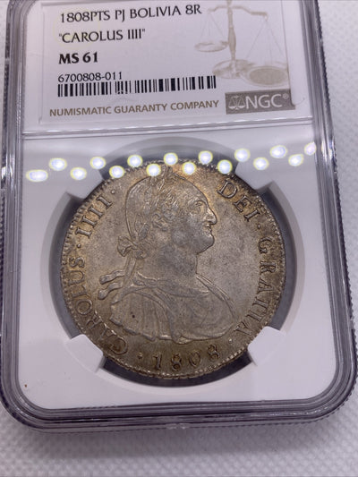 1808 PTS PJ SILVER CHARLES IIII 8 REALES BOLIVIA NGC MS-61 VERY RARE UNC COIN