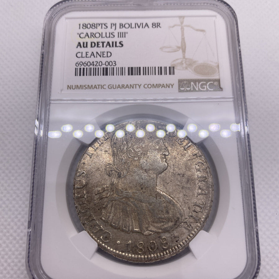 1808 PTS PJ SILVER CHARLES IIII 8 REALES BOLIVIA NGC AU VERY RARE AU #420-003