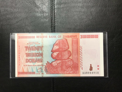2008 20 Trillion Zimbabwe Dollars Banknote UNC 100 Trillion Series Low Serial #