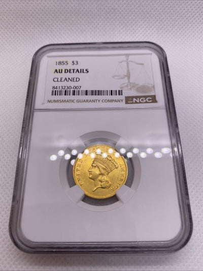 1855 Three Dollar Indian Gold Coin $3 NGC AU Details RARE