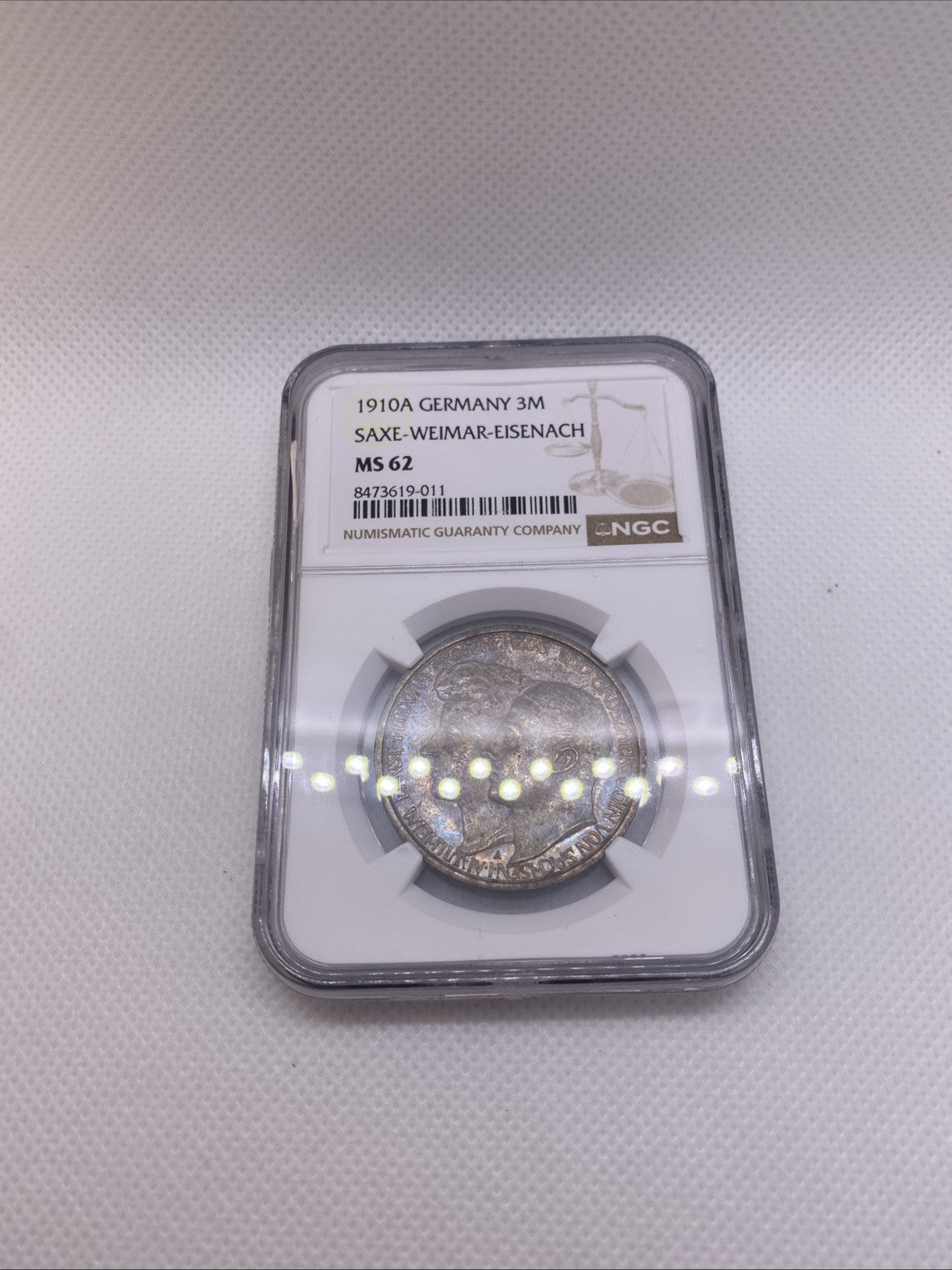 1910A 3M SAXE WEIMAR EISENACH 3 Marks German Wedding NGC MS 62 Silver Toned