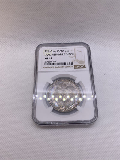 1910A 3M SAXE WEIMAR EISENACH 3 Marks German Wedding NGC MS 62 Silver Toned