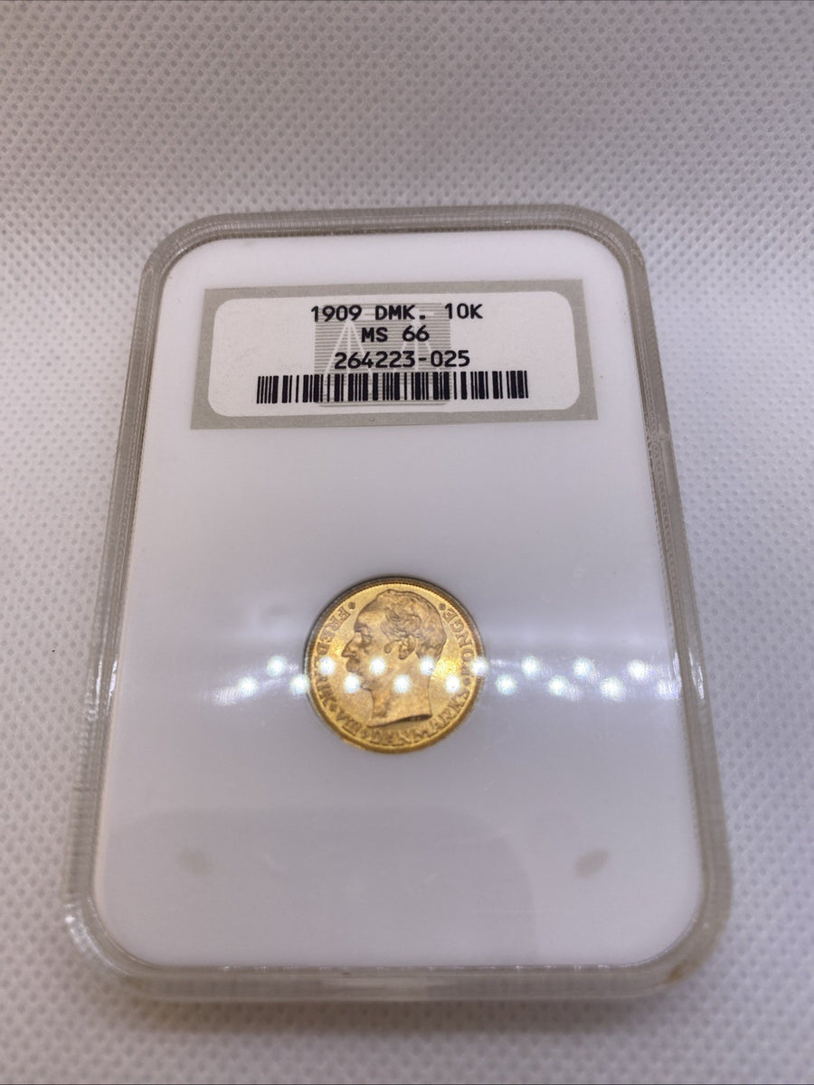 1909 Denmark 10 Kroner Frederik VIII Grade OLD NGC Slab MS 66 Gold Coin #223-025