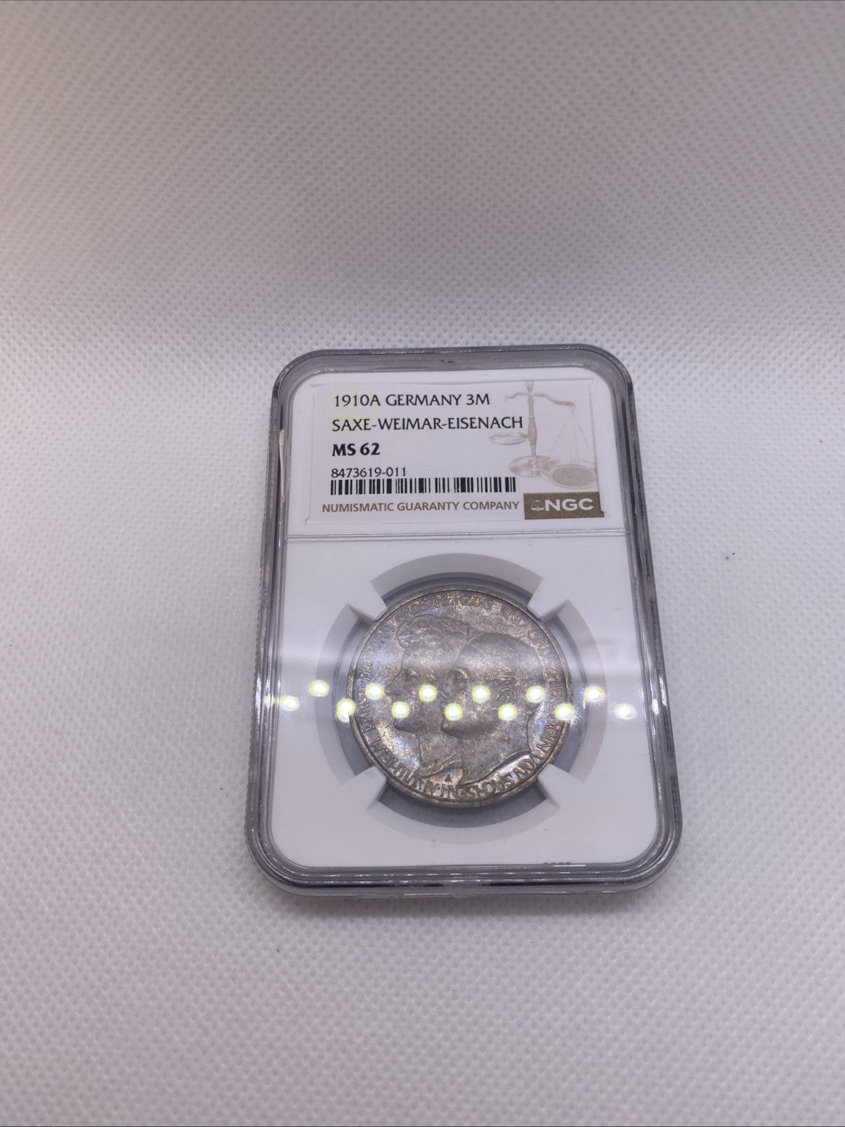 1910A 3M SAXE WEIMAR EISENACH 3 Marks German Wedding NGC MS 62 Silver Toned