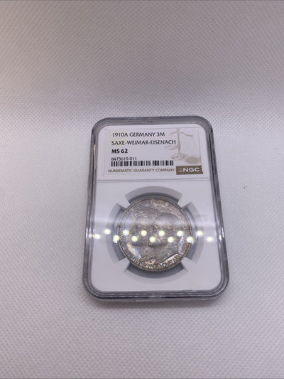 1910A 3M SAXE WEIMAR EISENACH 3 Marks German Wedding NGC MS 62 Silver Toned