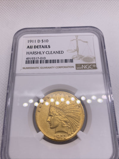1911-D $10 INDIAN GOLD EAGLE - NGC AU Details, RARE DATE! LOW MINTAGE!