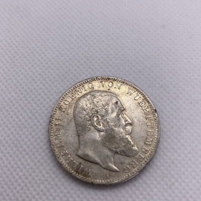 1909 F 3 Mark GERMAN States WURTTEMBERG WILHELM II 90% Silver Coin RARE #56644