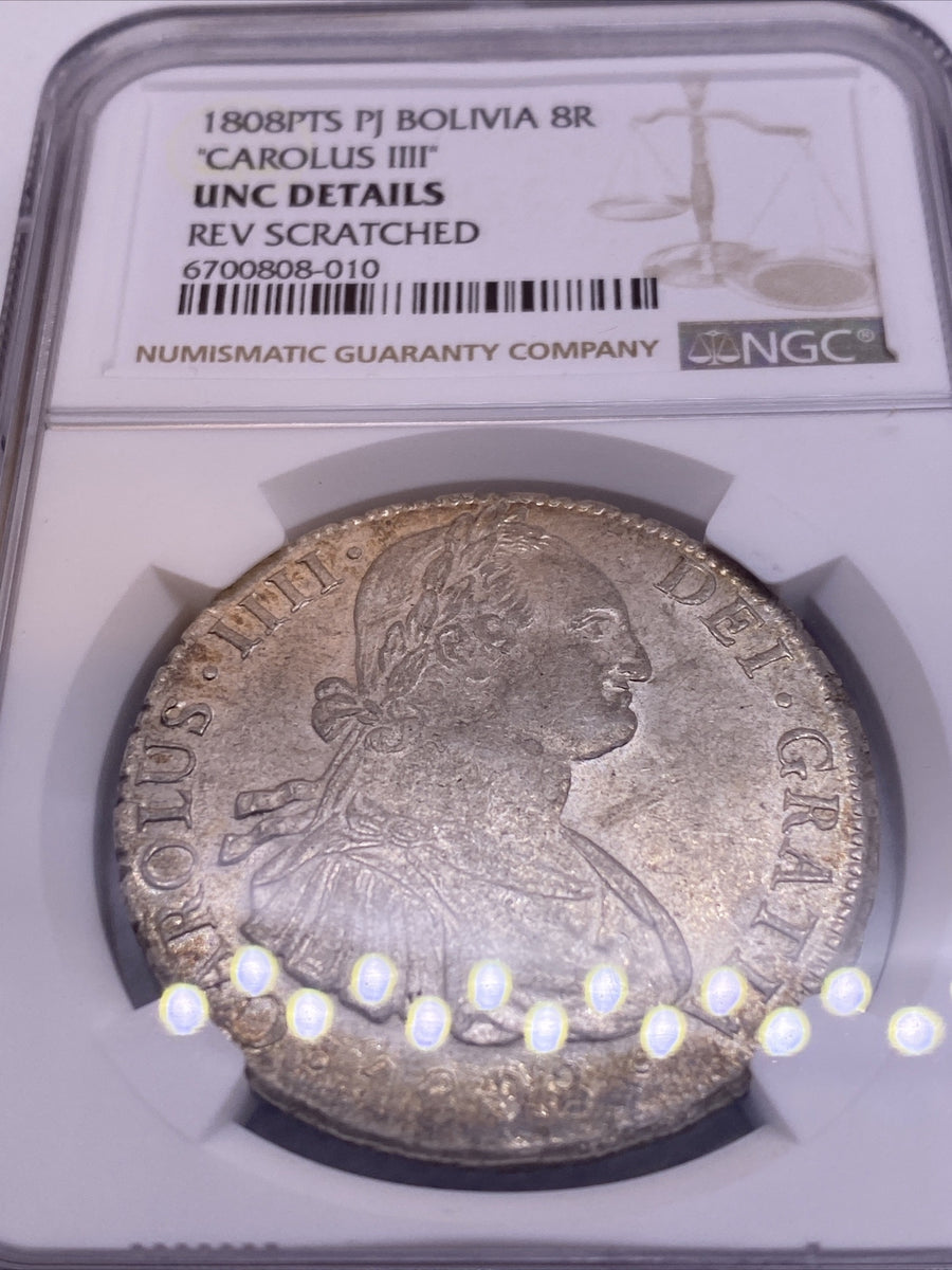 1808 PTS PJ SILVER CHARLES IIII 8 REALES BOLIVIA NGC UNC VERY RARE UNC