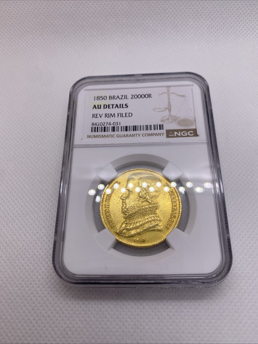 1850 Brazil 20000 Reis NGC AU Det. Rio de Janeiro Beautiful RARE Gold Coin