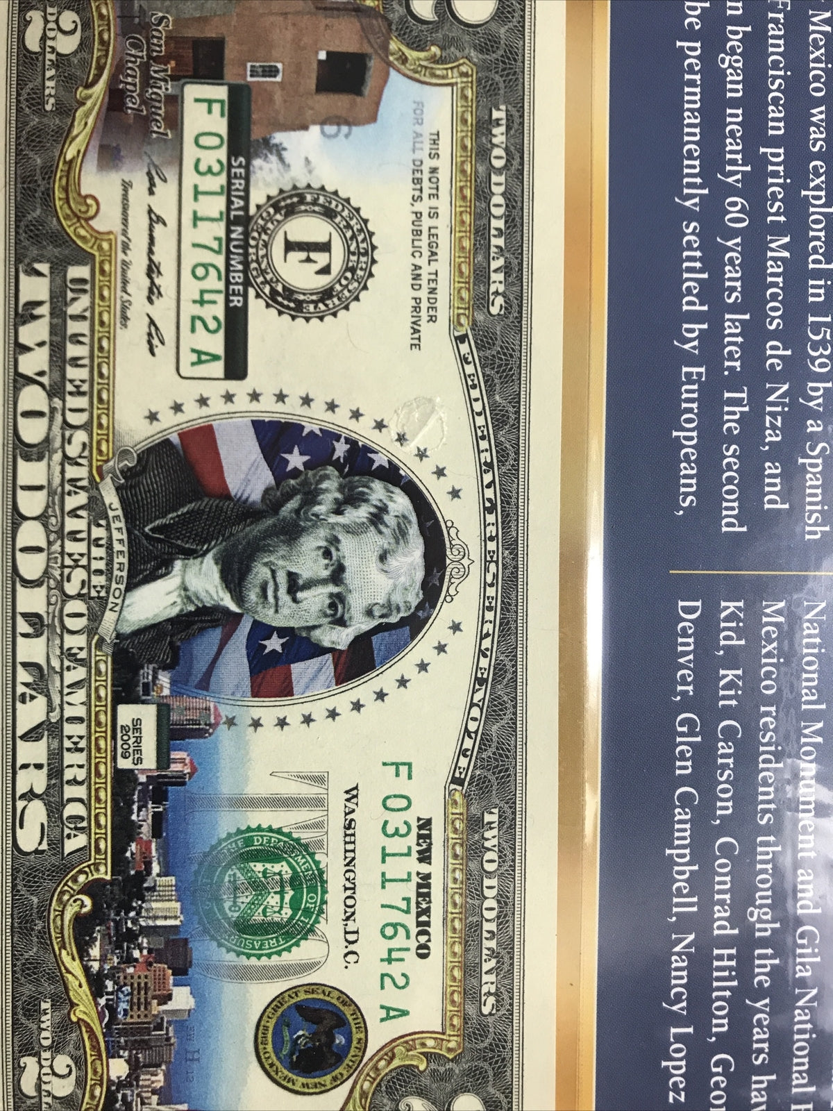 COLORIZED $2 NOTE SET NEW JERSEY and NEW MEXICO GENUINE LEGAL TENDER