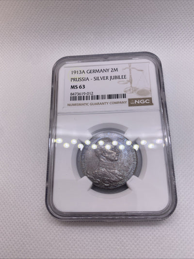 1913 A Two Mark Prussia Silver Jubilee  2M NGC MS63 Germany Silver Coin Toned