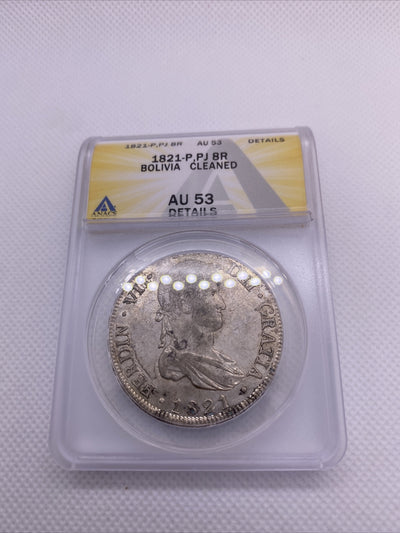 1821 PTS 8 Reales Bolivia Ferdinand VII Silver Anacs AU53 Details Silver #554