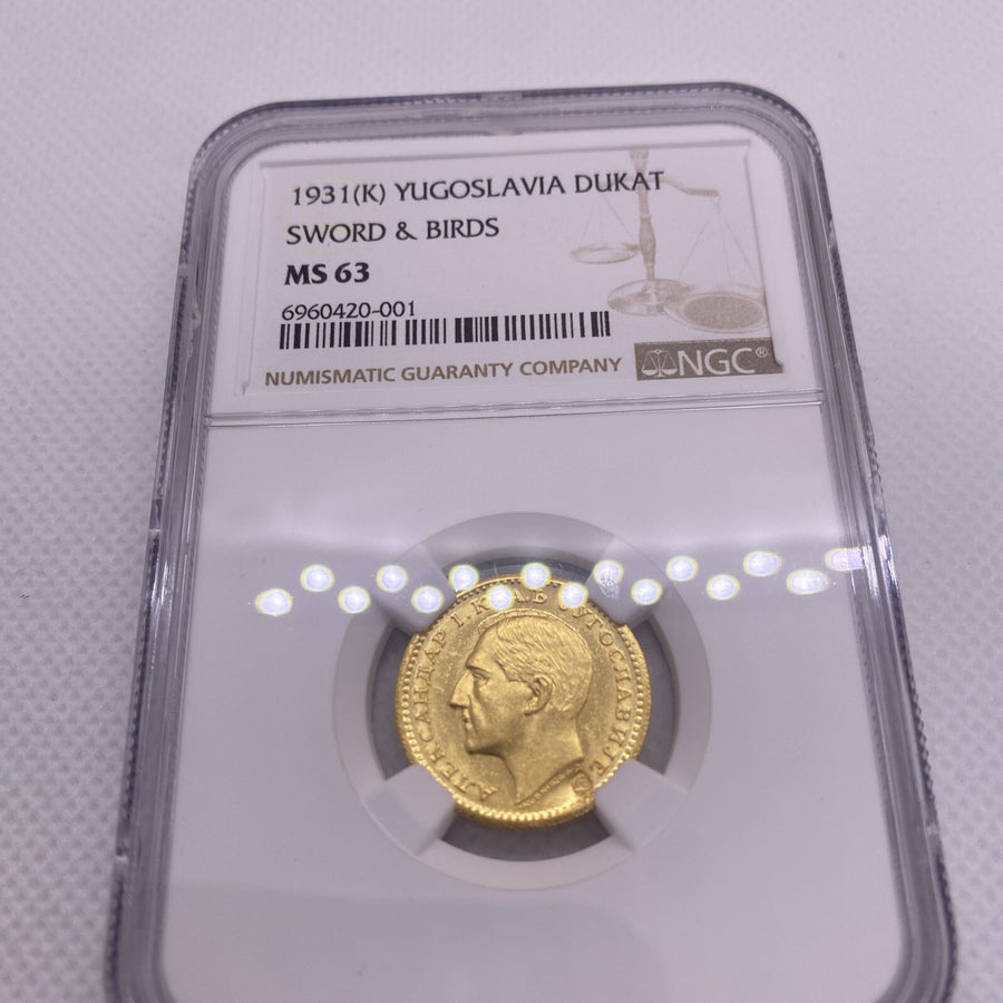 1931 Dukat Yugoslavia Sword & Birds NGC MS 63 RARE Gold Coin