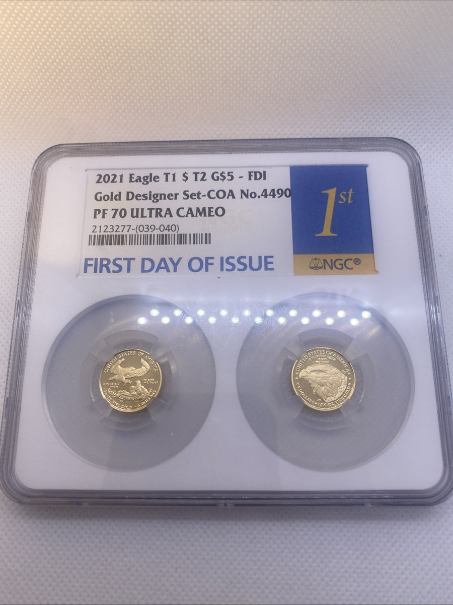 2021-W T1 and T2 Set Designer Ed. Gold Eagle 1/10 oz NGC PF70 FDOI First Day