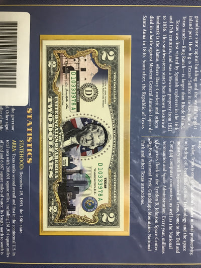 COLORIZED $2 NOTE SET KENTUCKY and TEXAS GENUINE LEGAL TENDER