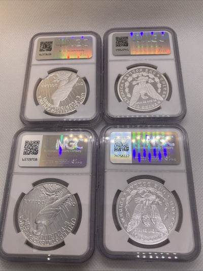 2023 $1 MORGAN & PEACE SILVER DOLLAR 4 COIN SET NGC MS 70 PF 70 FDOI