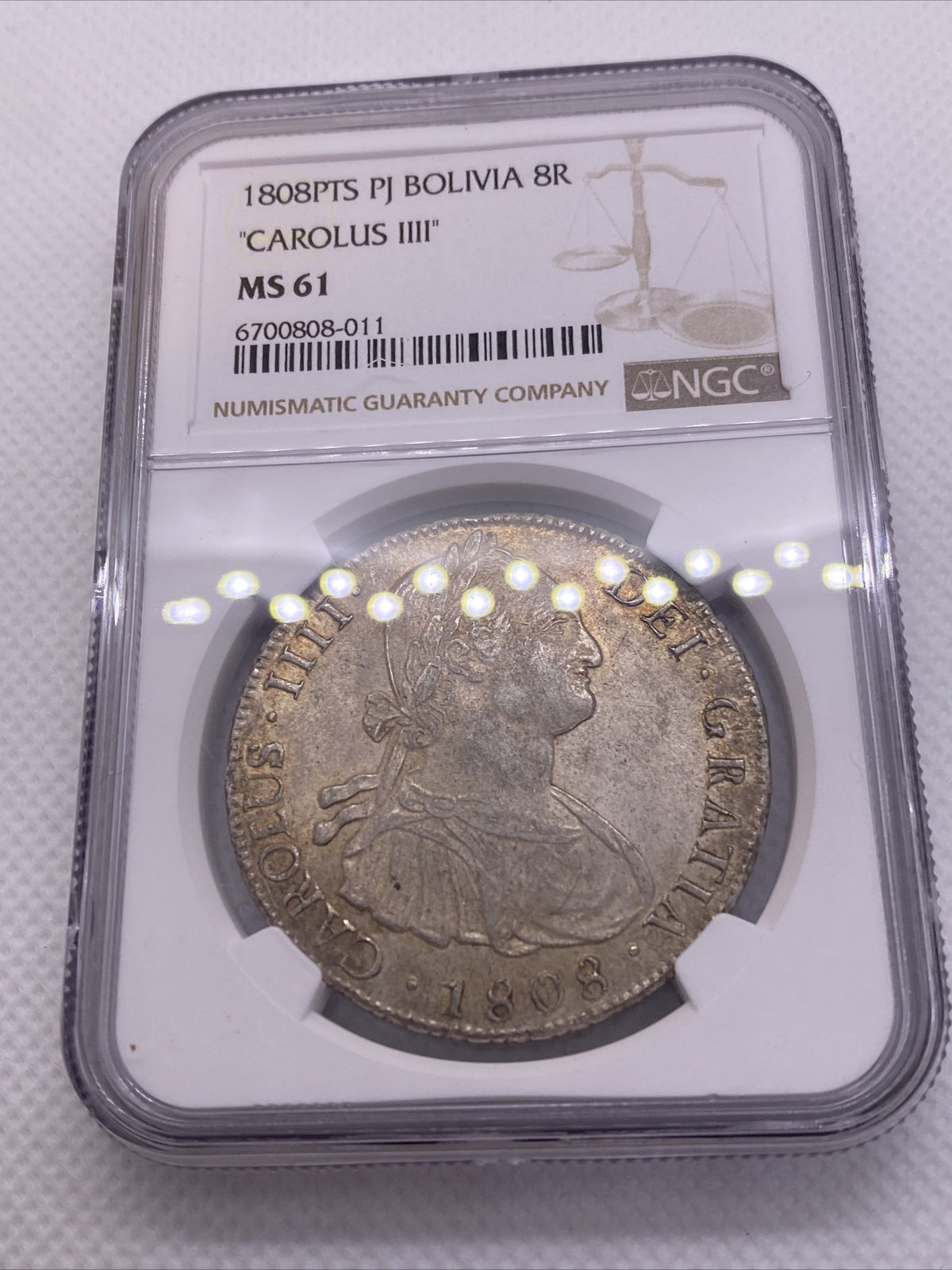1808 PTS PJ SILVER CHARLES IIII 8 REALES BOLIVIA NGC MS-61 VERY RARE UNC COIN