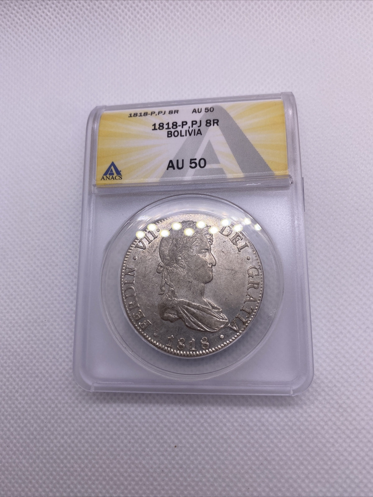 1818 PTS PJ Bolivia Silver 8R 8 Reales AU 50 Anacs Silver Potosi Mint #559