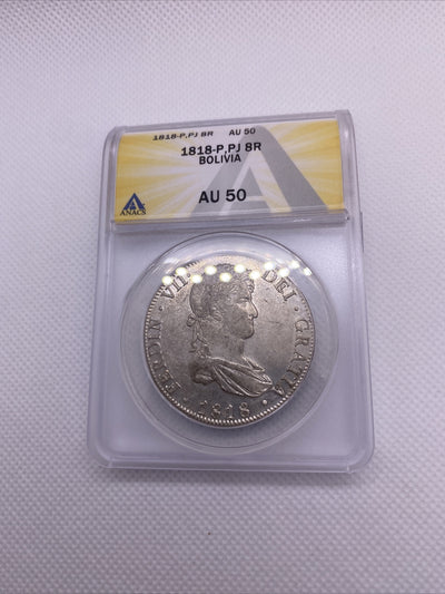 1818 PTS PJ Bolivia Silver 8R 8 Reales AU 50 Anacs Silver Potosi Mint #559