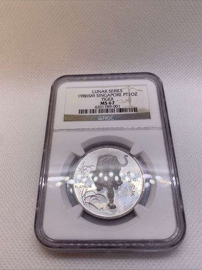 1986 Singapore Lunar Series Tiger 1 OZ Platinum NGC MS 67 Great Coin