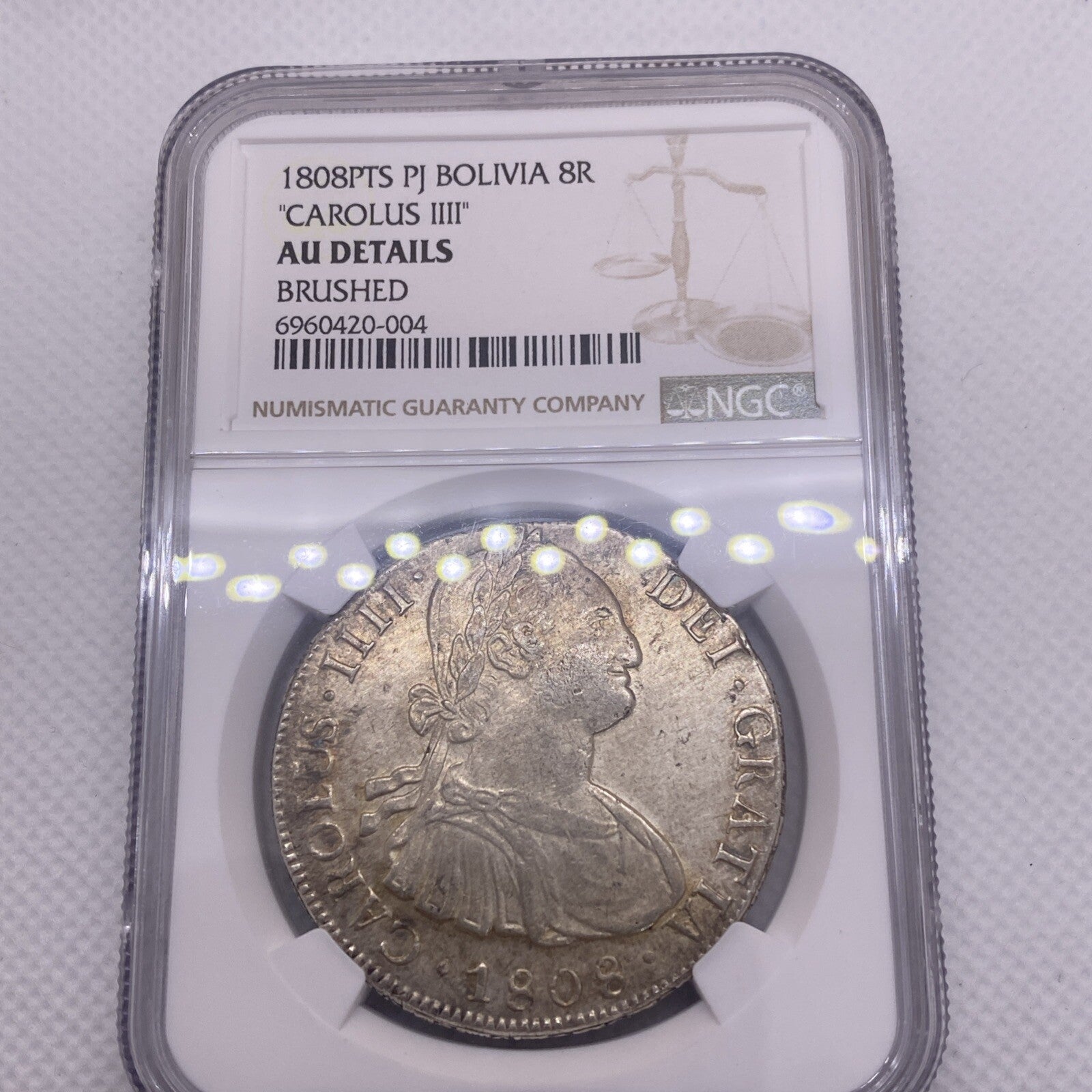 1808 PTS PJ SILVER CHARLES IIII 8 REALES BOLIVIA NGC AU VERY RARE AU #420-004