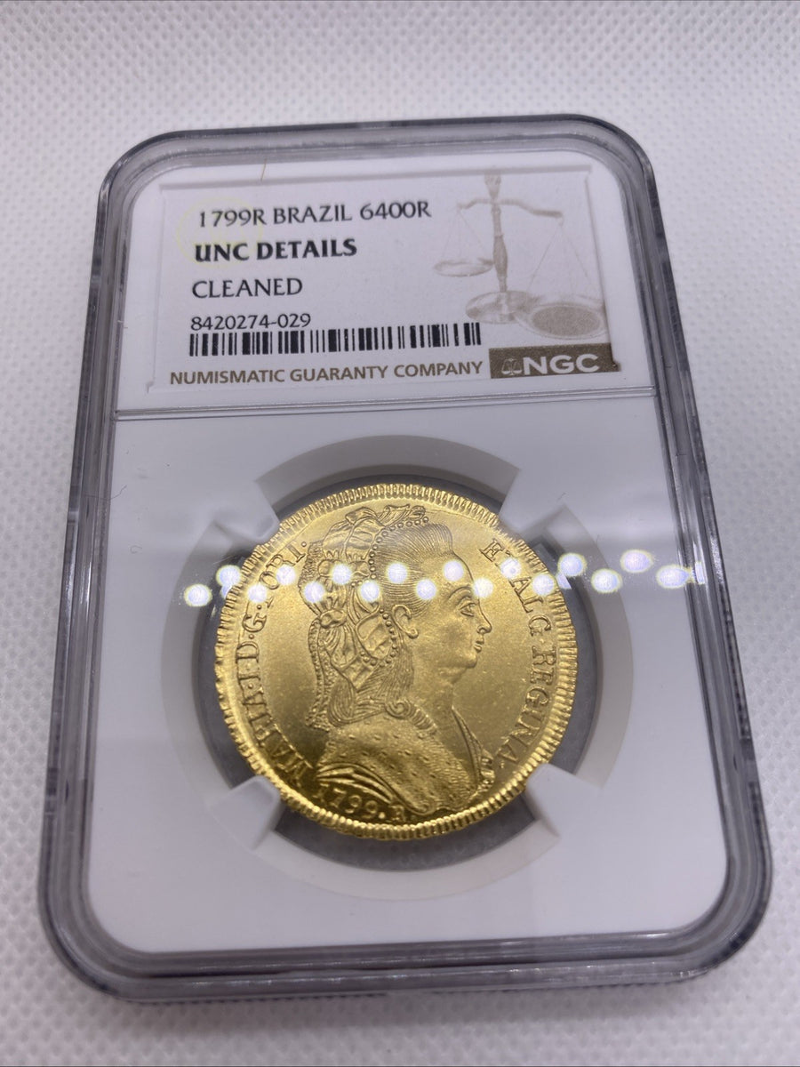 1799 Brazil 6400 Reis NGC Graded UNC Det Beautiful RARE Gold Coin