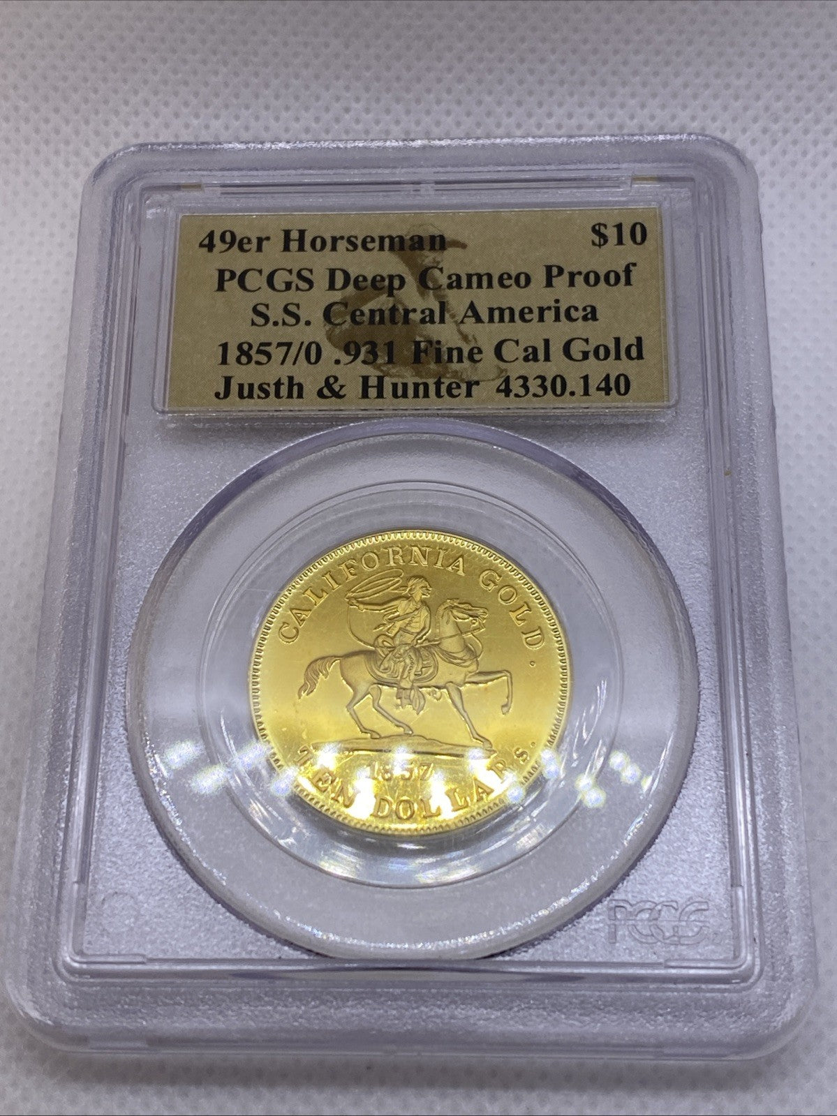 1857/0 Gold $10 49er Horseman / S.S. Central America, Ship of Gold, 1/2+ oz PCGS
