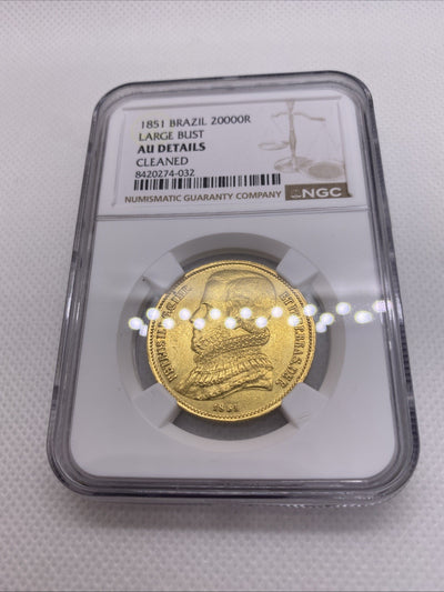 1851 Brazil 20000 Reis Large Bust NGC AU Det. Rio de Janeiro RARE