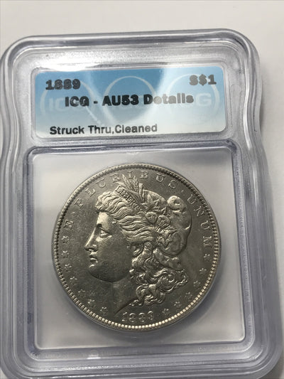 1889 Morgan Dollar ICG AU53 Details STRUCK THROUGH Reverse Error