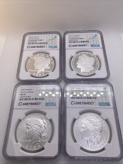 2023 $1 MORGAN & PEACE SILVER DOLLAR 4 COIN SET NGC MS 70 PF 70 FDOI