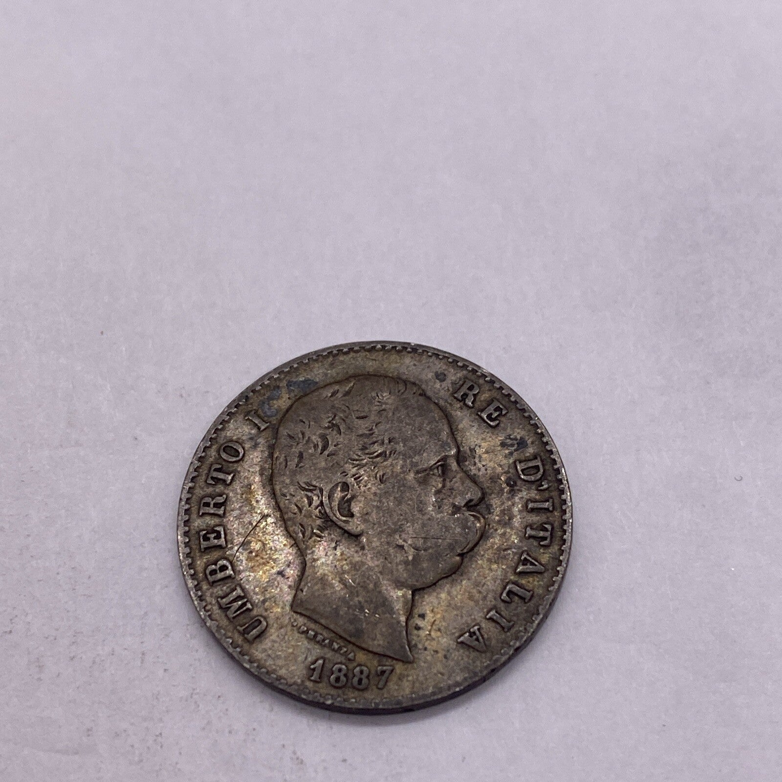 1887  ITALY SILVER ONE 1 LIRA UMBERTO COIN Silver Coin #943-10
