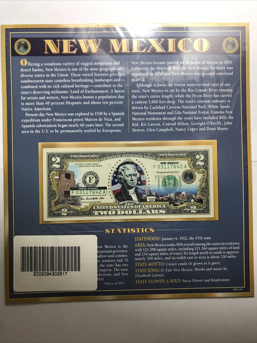 COLORIZED $2 NOTE SET NEW JERSEY and NEW MEXICO GENUINE LEGAL TENDER 